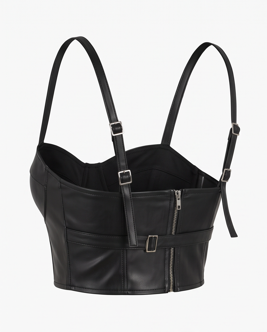 Top bustier en cuir noir à fines bretelles