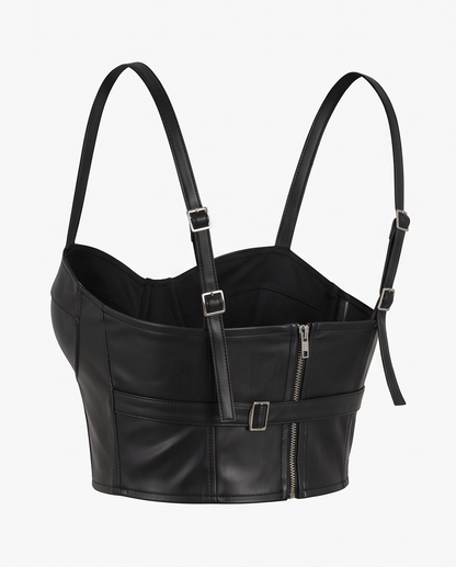 Top bustier en cuir noir à fines bretelles