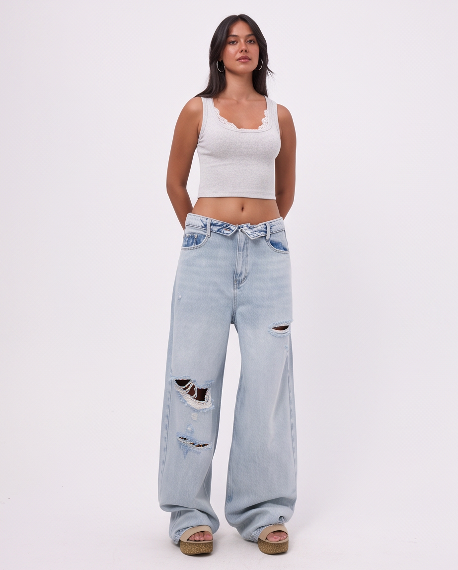 Jean baggy déchiré à taille croisée