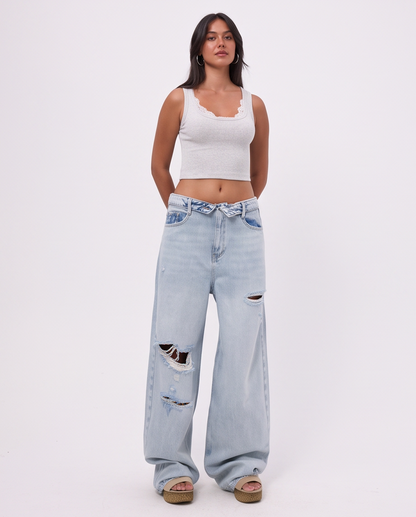 Jean baggy déchiré à taille croisée
