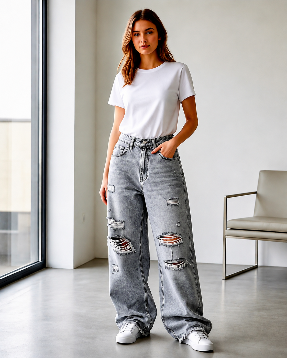 Jean large déchiré taille haute