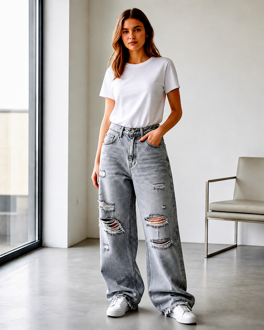Jean large déchiré taille haute