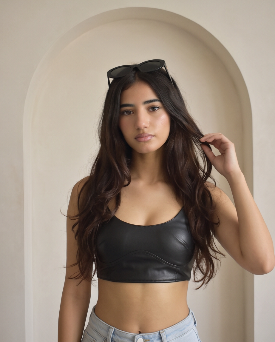 Top bustier en cuir noir à fines bretelles