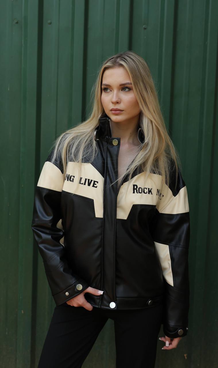 Veste biker en similicuir noir et blanc « Rock N’ Roll »