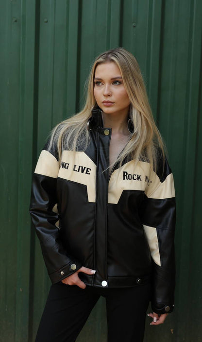 Veste biker en similicuir noir et blanc « Rock N’ Roll »