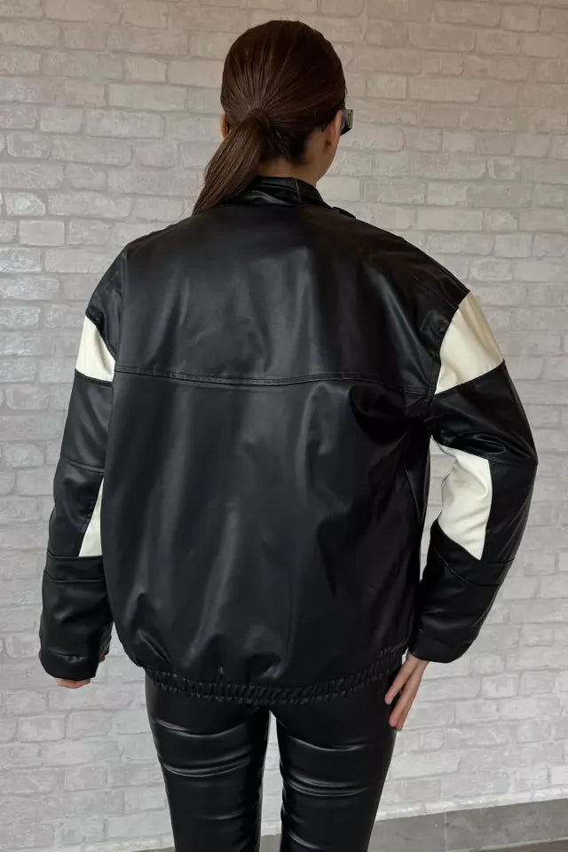 Veste biker en similicuir noir et blanc « Rock N’ Roll »