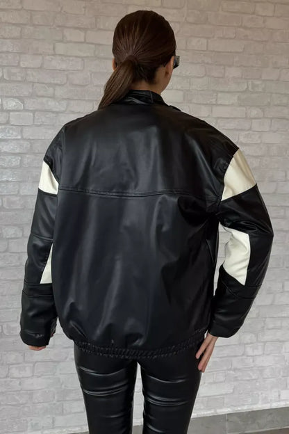 Veste biker en similicuir noir et blanc « Rock N’ Roll »