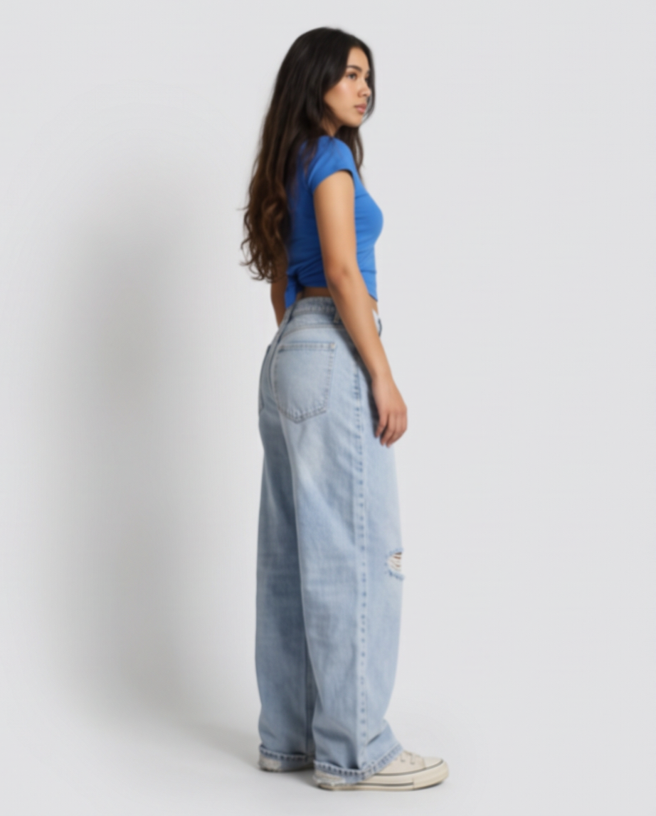 Jean baggy déchiré à taille croisée