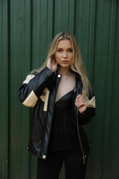 Veste biker en similicuir noir et blanc « Rock N’ Roll »