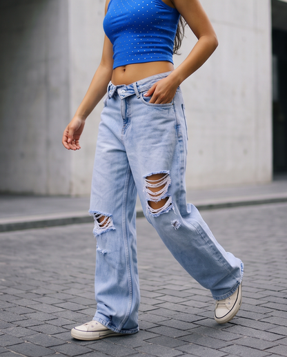 Jean baggy déchiré à taille croisée