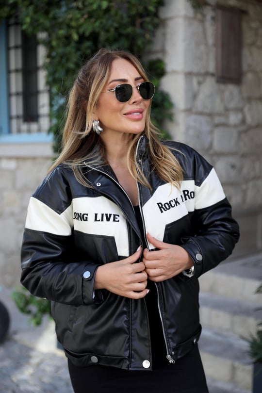 Veste biker en similicuir noir et blanc « Rock N’ Roll »