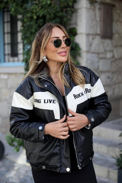 Veste biker en similicuir noir et blanc « Rock N’ Roll »