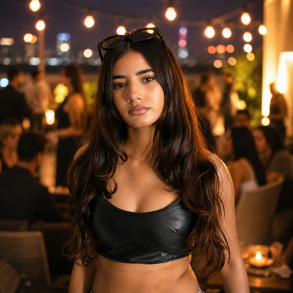 Top bustier en cuir noir à fines bretelles