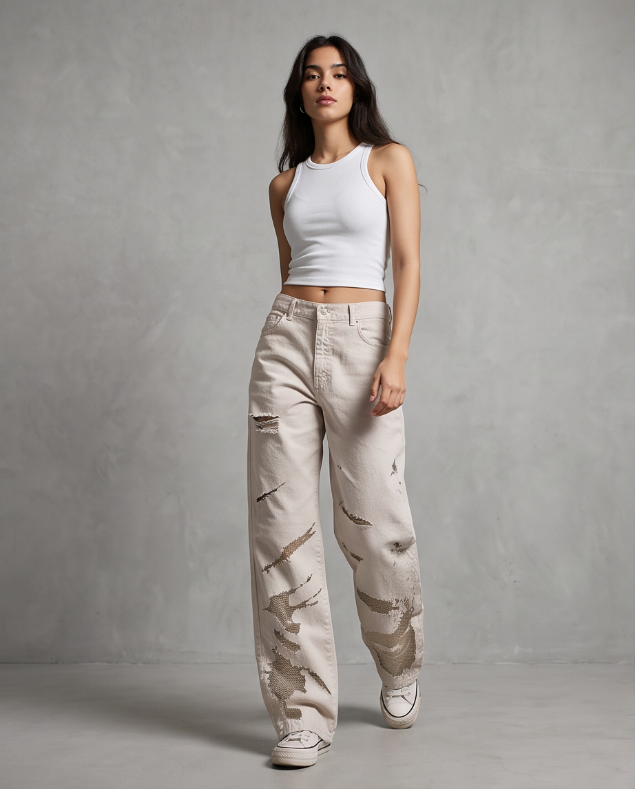 Jean large déchiré taille haute
