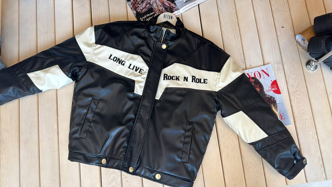Veste biker en similicuir noir et blanc « Rock N’ Roll »