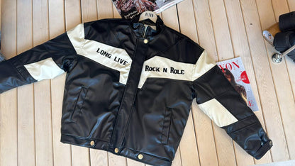 Veste biker en similicuir noir et blanc « Rock N’ Roll »