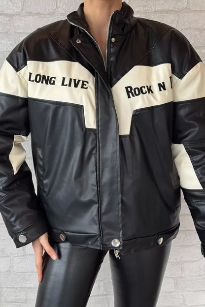 Veste biker en similicuir noir et blanc « Rock N’ Roll »