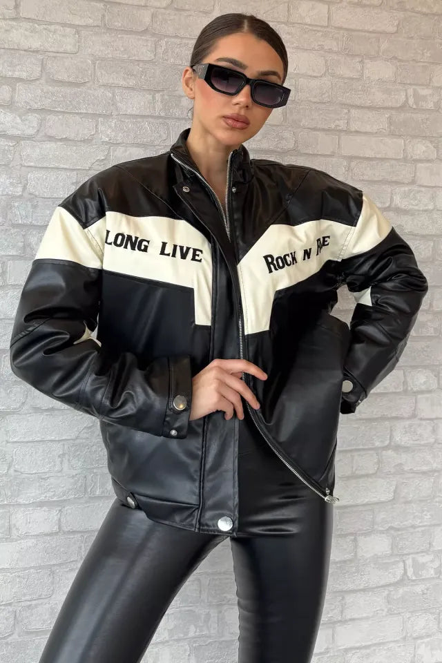 Veste biker en similicuir noir et blanc « Rock N’ Roll »