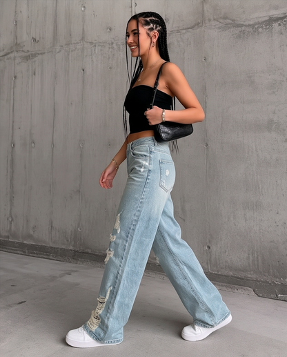 Jean large déchiré taille haute