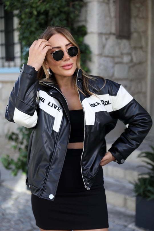 Veste biker en similicuir noir et blanc « Rock N’ Roll »