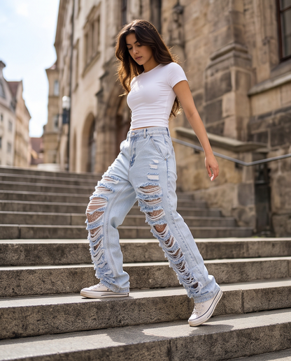 Jean large déchiré taille haute