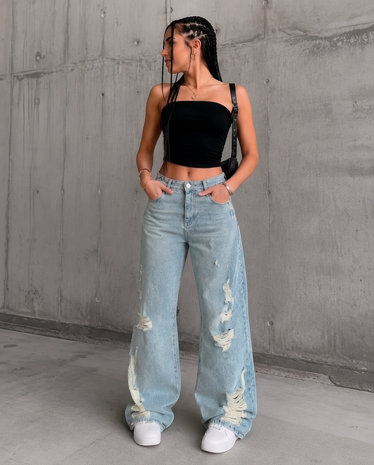 Jean large déchiré taille haute