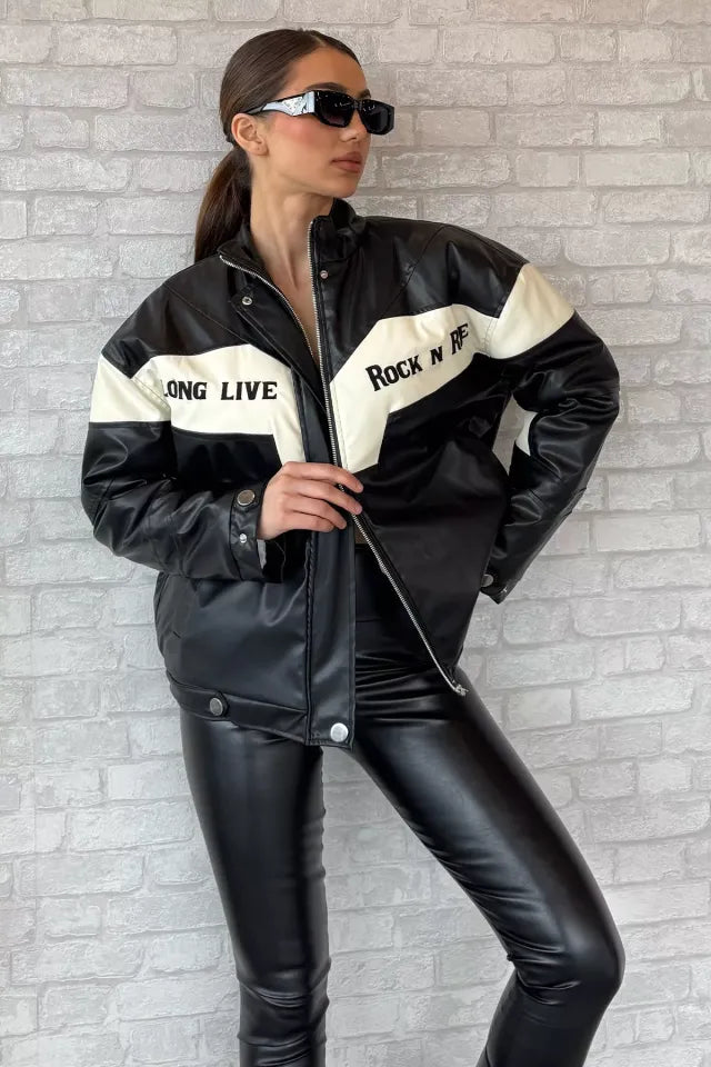 Veste biker en similicuir noir et blanc « Rock N’ Roll »