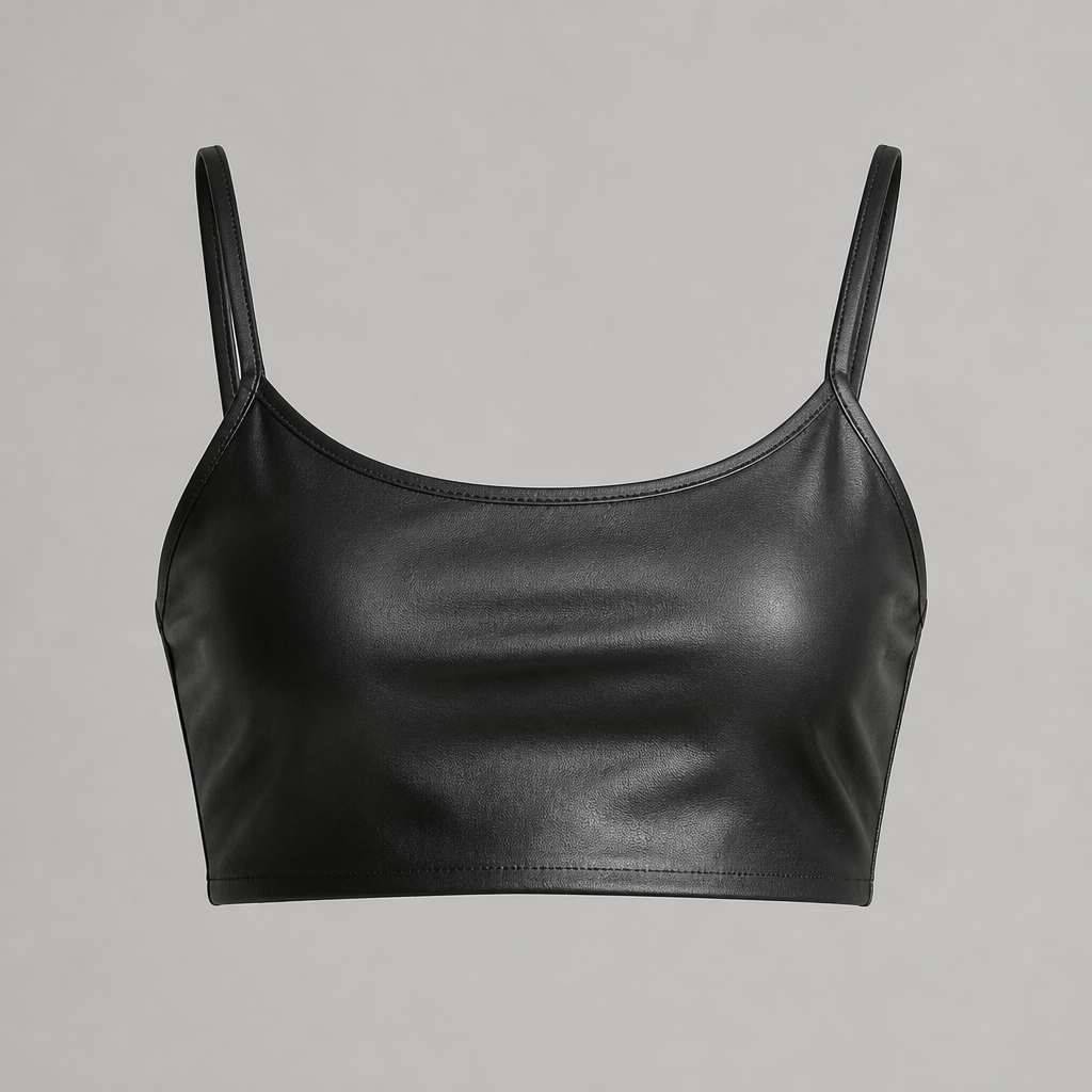 Top bustier en cuir noir à fines bretelles