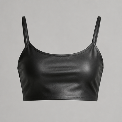 Top bustier en cuir noir à fines bretelles