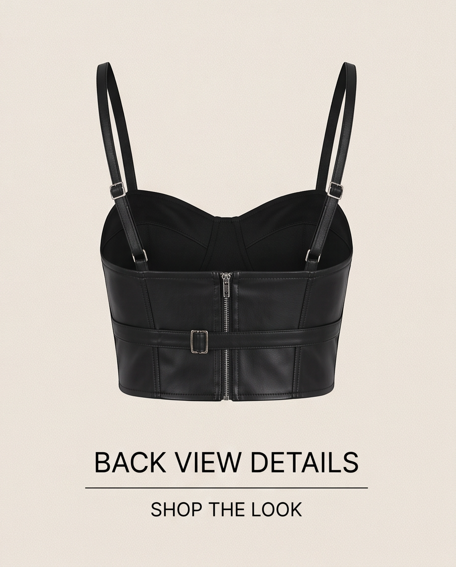 Top bustier en cuir noir à fines bretelles