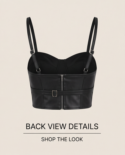 Top bustier en cuir noir à fines bretelles