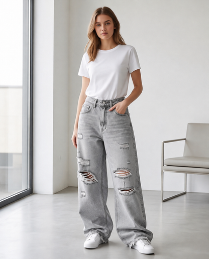 Jean large déchiré taille haute
